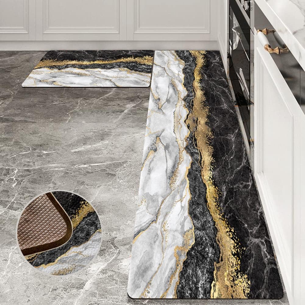 Black Gold Marble Kitchen Mat and Rugs 2 Pieces Anti