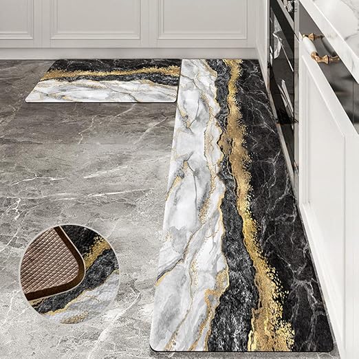 Black Gold Marble Kitchen Mat and Rugs 2 Pieces Anti Fatigue Cushioned Kitchen Floor