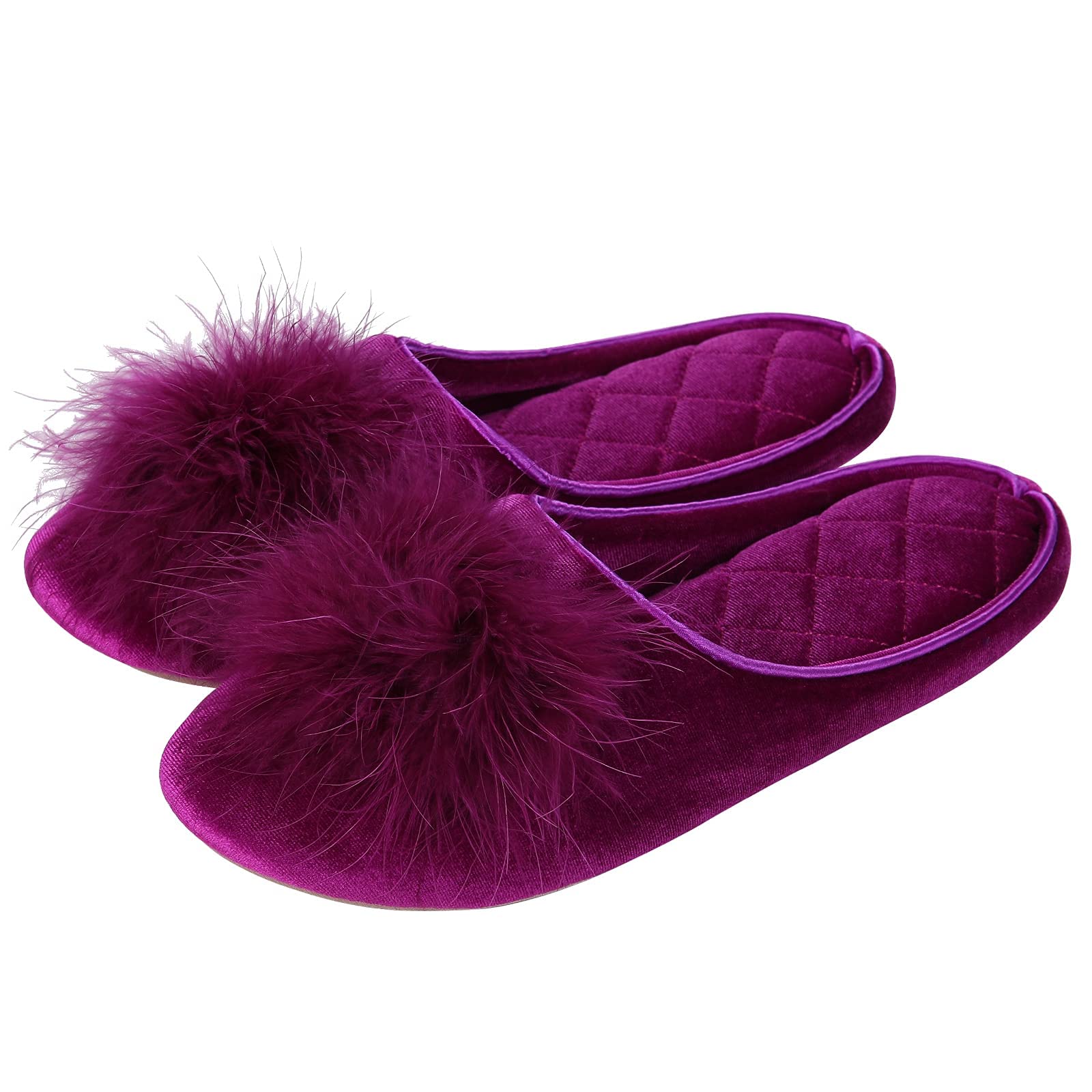 Evshine Fuzzy Feather Slippers for Women Fluffy Pom Pom Bedroom Slippers Memory Foam House Shoes