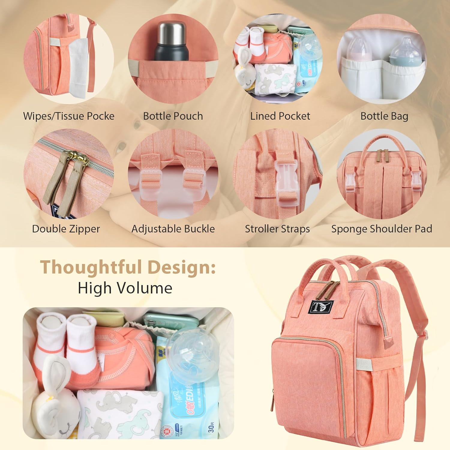 Diaper Bag Backpack for Women - Multifunction Travel Essentials Baby Diaper Bag with Changing Pad, Large Backpack Baby Girl Boy, Insulated Bottle Holders & Stroller Straps (Pink+Orange) - Image 5