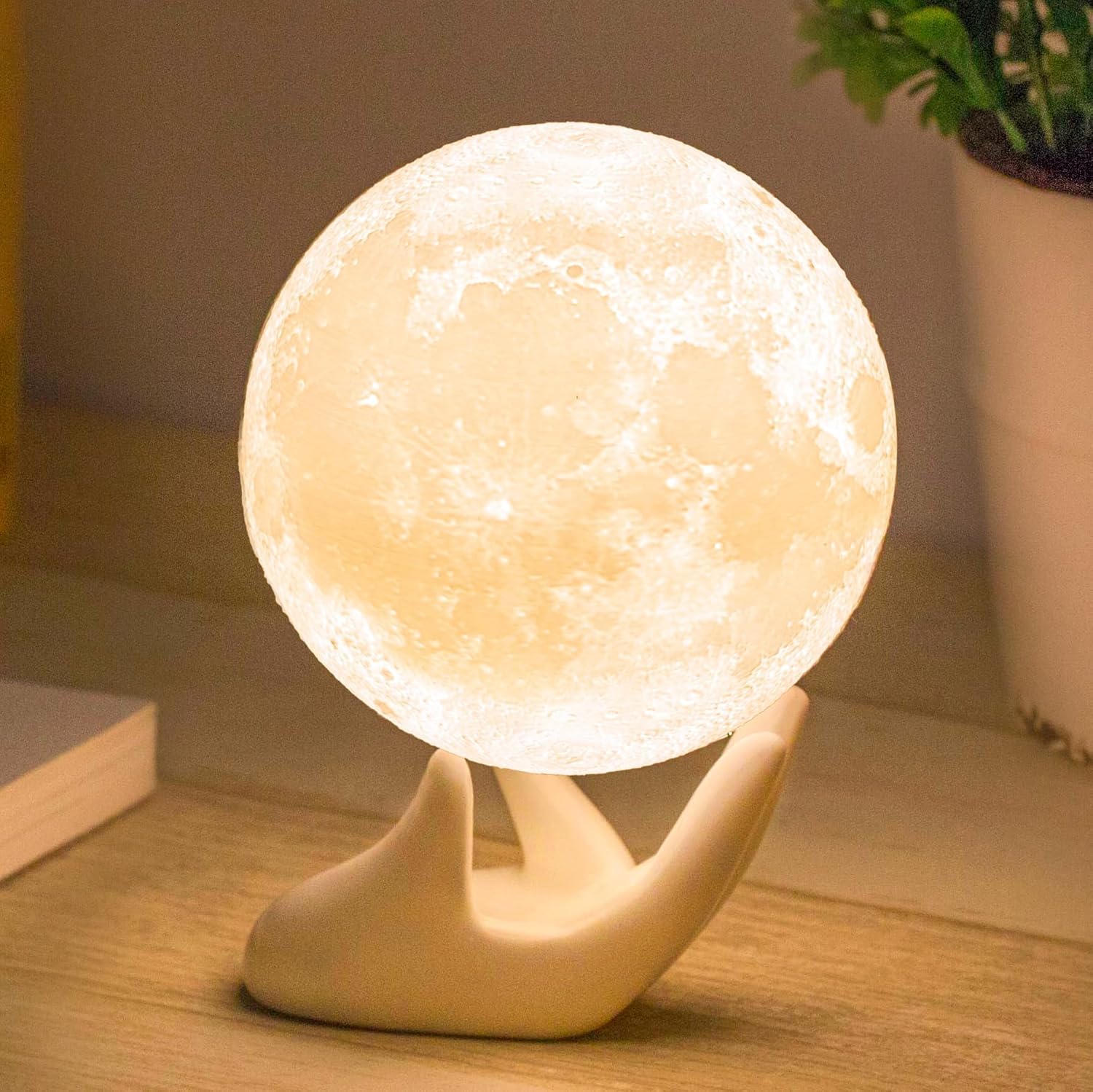 Aowin 3D Moon Lamp with Ceramic Base,Levitating Moon Lamp for Room Home Decor,LED Night Light,Mood Lighting with Touch Control Brightness,Rechargeable Night Light for Teen Girls Boys(8CM,White Light)