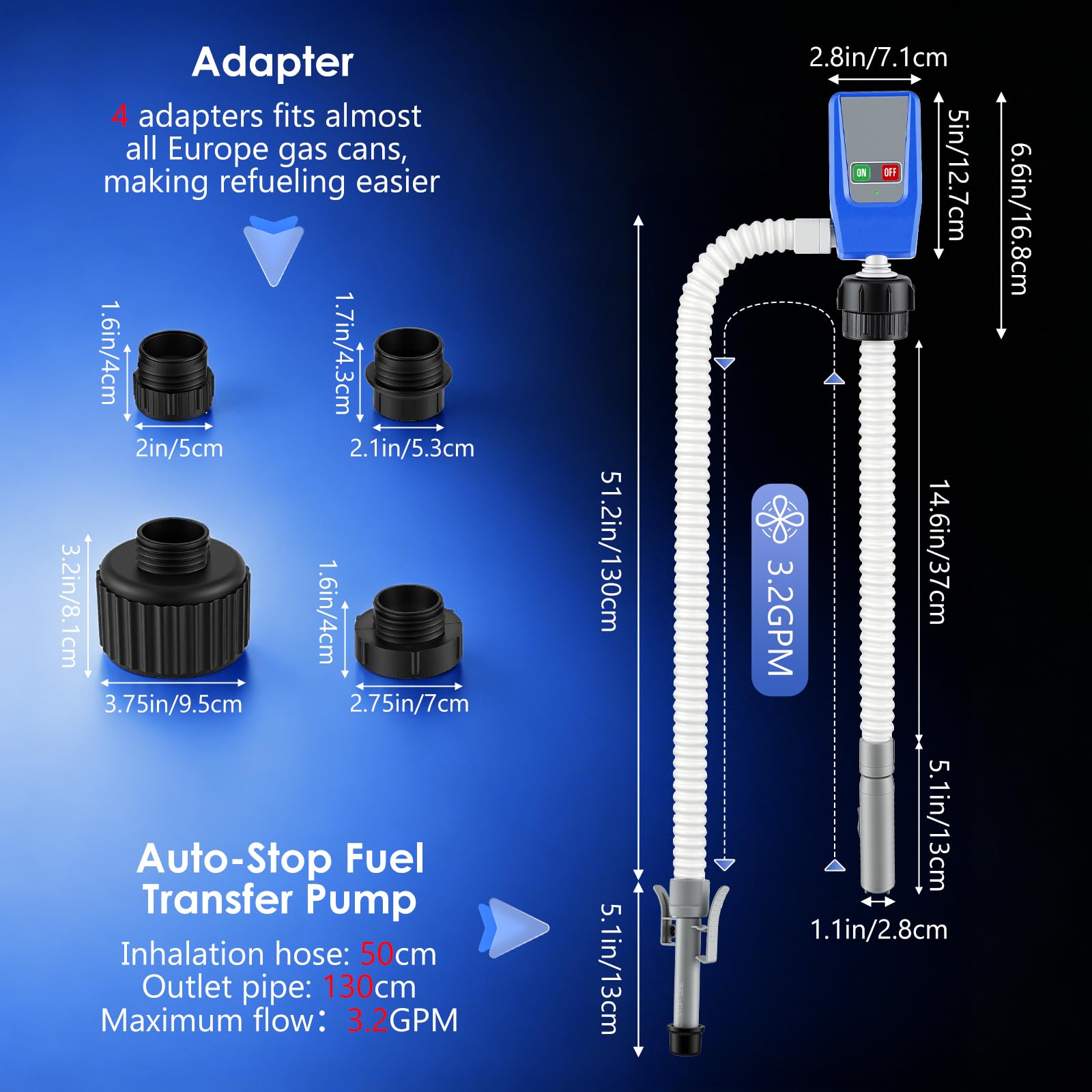 Pompa per carburante da 12V, pompa elettrica per benzina con sensore di arresto automatico e 4 adattatori, pompa diesel portatile per taniche, più fonti di alimentazione (batteria auto/AA), testa