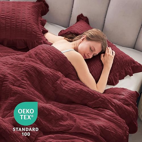 Miniatura 147 de JOLLYVOGUE - Juego de edredón tamaño queen, de 3 piezas, estilo seersucker, ligero y esponjoso para todas las estaciones, con 1 edredón con volantes