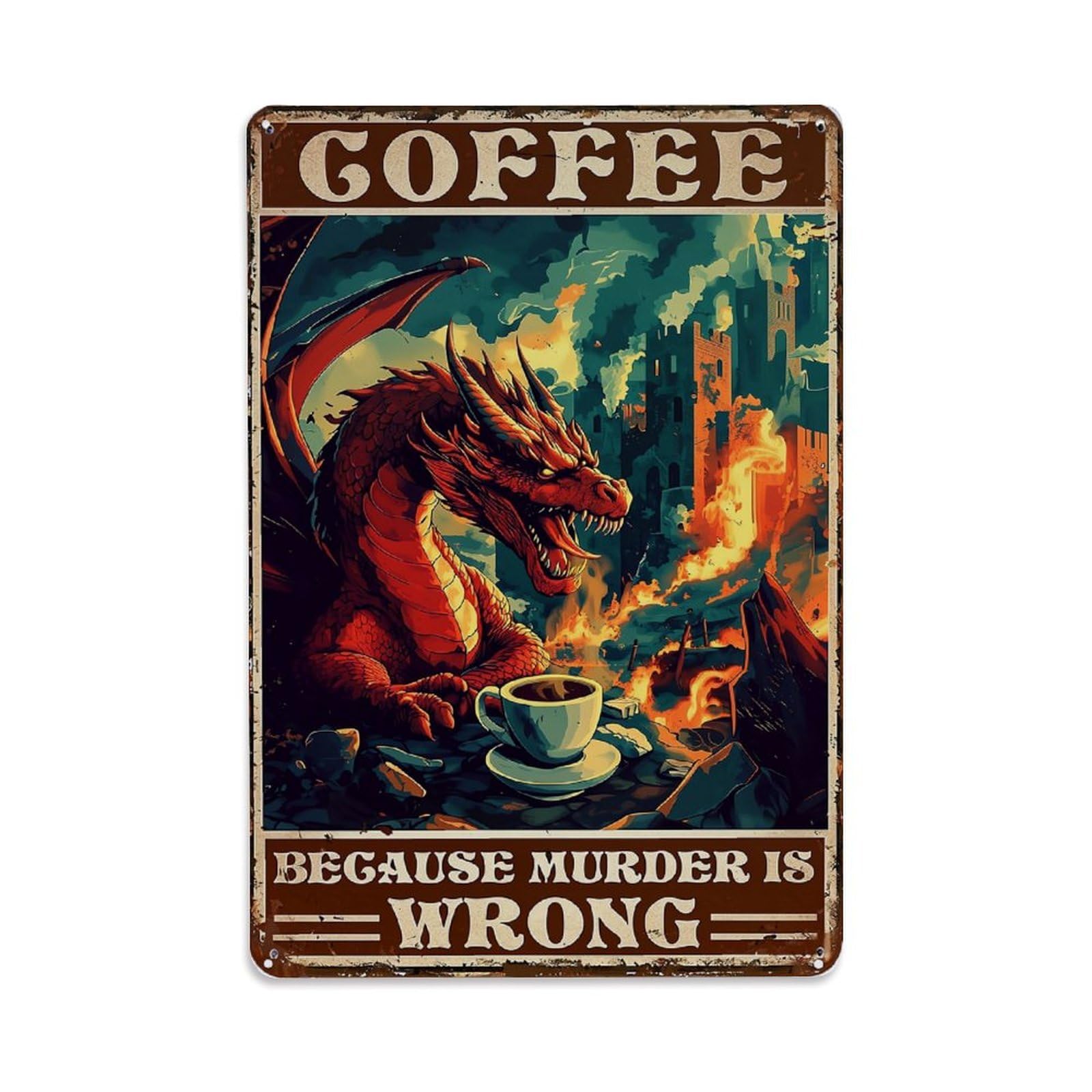 Bliveurn Vintage Dragon Drinking Coffee In Ruins Retro Metal Tin Sign, Metal Poster For Home, Gaming Room, Studio Workshop,Bar,Garage Wall Art Decor 8X12 Inch