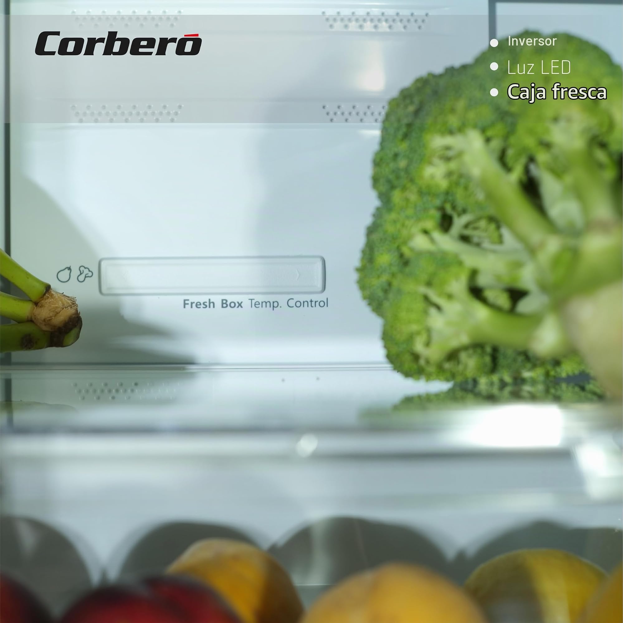 Corberó - Frigorífico Combi | CCM200834NFX | 336L | 57,9x59,5x202 | No Frost | Inverter | Luz LED | Fresh Box | Crisper | Balcones Ajustables | Estantes de Cristal | Huevera | 35 Db | Inox