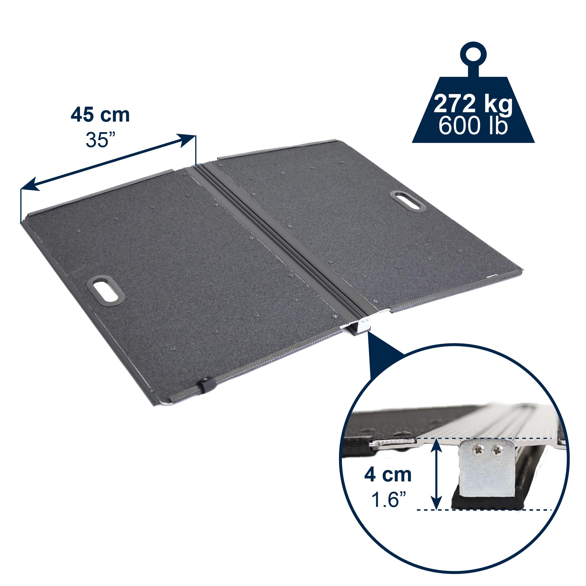 KMINA Rampe de Seuil Amovible Pliable en Aluminium pour Fauteuil Roulant et PMR (Dénivelés 4–5 cm), Surface Antidérapante avec Poignée, 272 kg