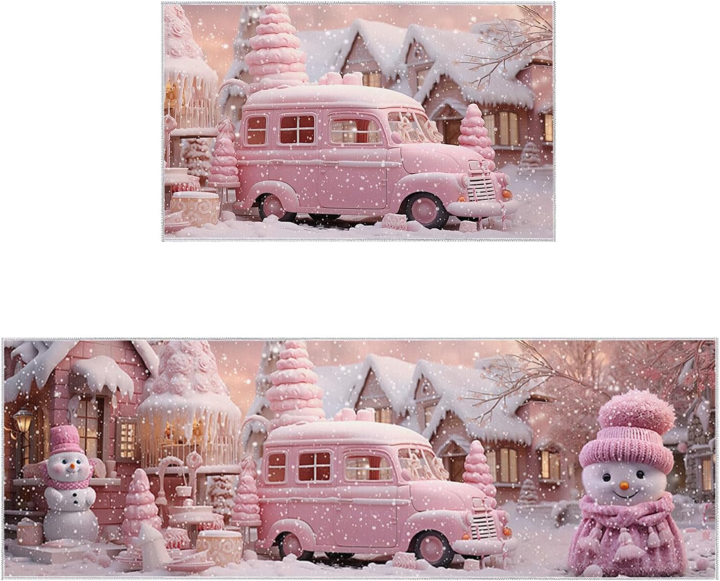 Christmas Kitchen Rugs and Mats 2 PCS Pink Fairy Tale Snowy Cute Car Snowman House Kitchen Mats for Floor, Non-Slip Rugs with Runner for Kitchen,Home Office,Sink,Laundry 15.7"x23.6"+15.7"x47.2"