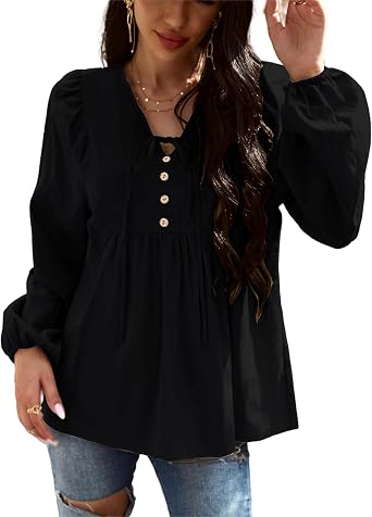 VintageClothing Womens Tunic Blouse Tie V Neck Casual Lantern Sleeve Loose Babydoll Shirt Peplum Tops