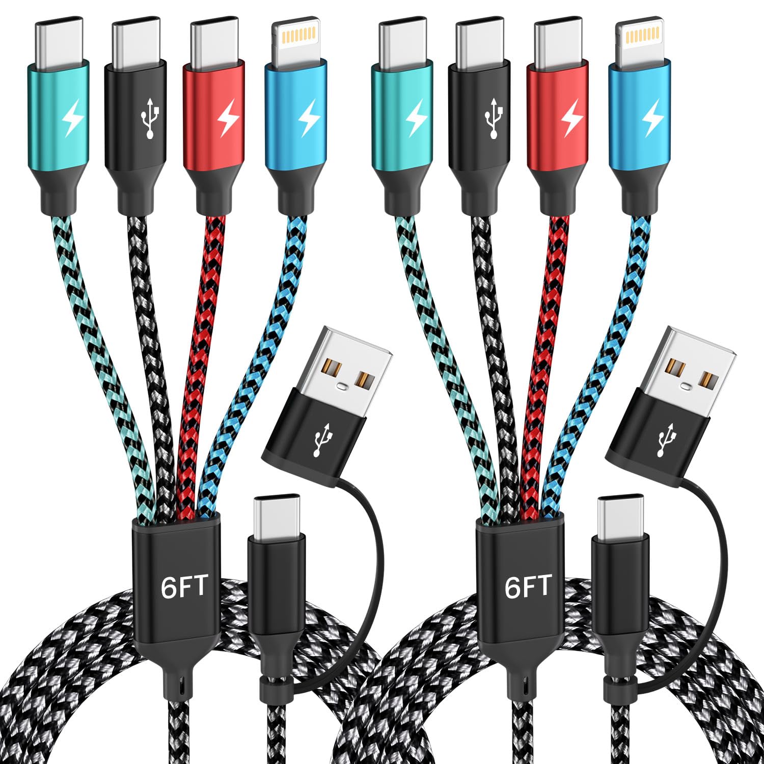 Travel Essentials - Cavo di ricarica multiplo 4 in 2, USB A/C, con tripla porta di tipo C e IP, cavo di ricarica universale per iPhone, Android/tablet, cavo di ricarica multiplo, confezione da 2, 1,8