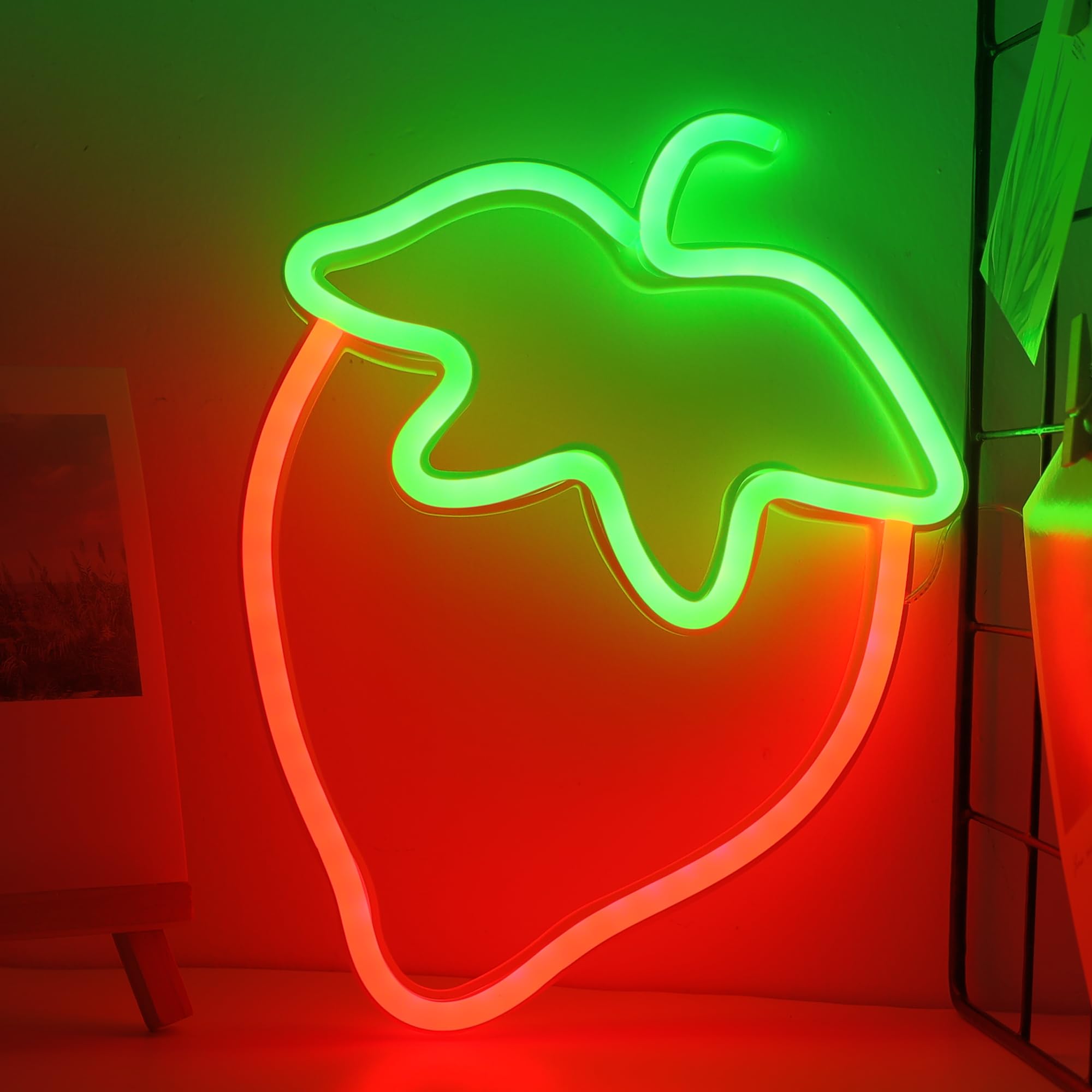 ENUOLI Strawberry Neon Sign Red Green Color Led Sign Fruit Shape Neon Light for Bedroom Wall Decor, Strawberry LED Neon Light, Bar, Fruit Shop,Kids