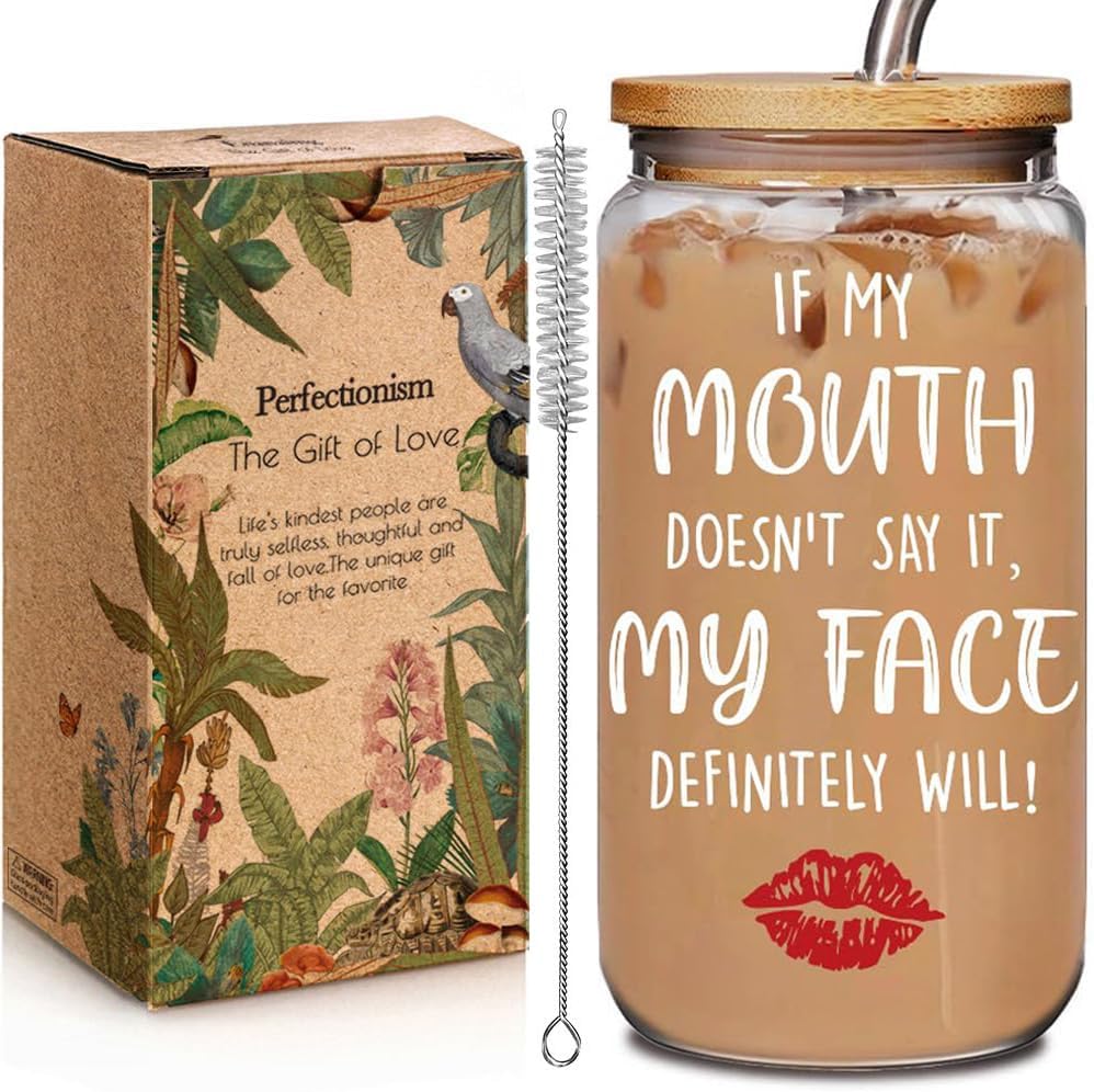 If My Mouth Doesn't Say It My Face Definitely Will Glass Cups with Lids and Straws 16OZ, Birthday Gifts for Women Friendship, Funny Sobriety, Self Loves for Work Friends Office Friend Bestie Boss
