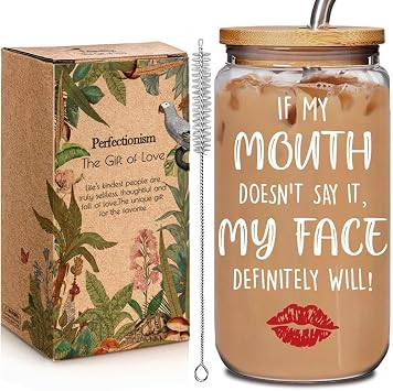 If My Mouth Doesnt Say It My Face Definitely Will Glass Cups with Lids and Straws 16OZ, Birthday Gifts for Women Friendship, Funny Sobriety, Self Loves for Work Friends Office Friend Bestie Boss