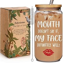 If My Mouth Doesn't Say It My Face Definitely Will Glass Cups with Lids and Straws 16OZ, Birthday Gifts for Women Friendship, Funny Sobriety, Self Loves for Work Friends Office Friend Bestie Boss