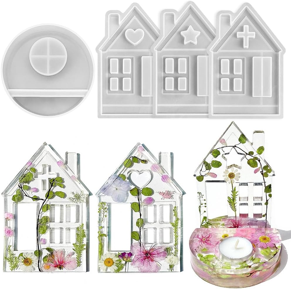 RESINWORLD Tealight House Silicone Molds, Heart/Cross/Christmas House Candle Holder Mold