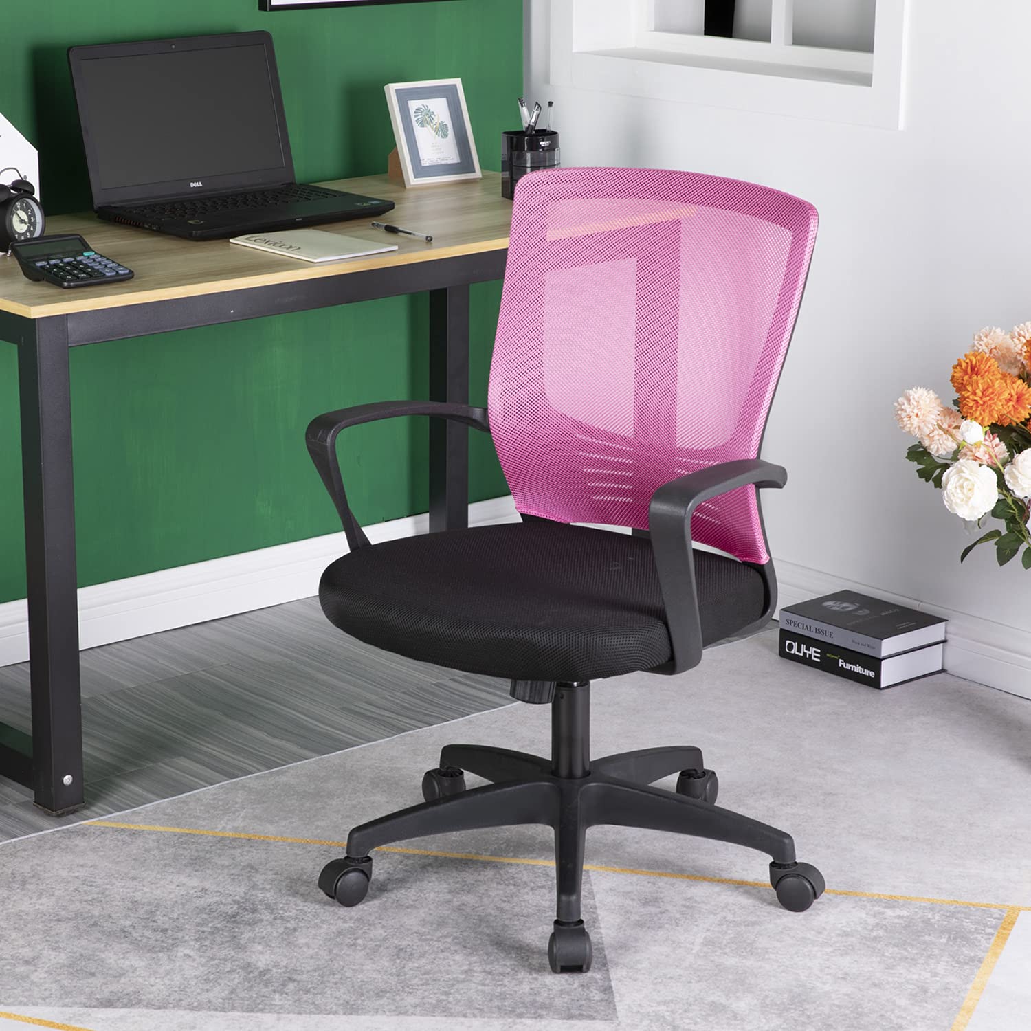 Preferspace Sedia da scrivania ergonomica con base girevole, Rosa, Moderno, Sedia da scrivania girevole, Ufficio, Regolazione dell'altezza facile, Metallo, Foam