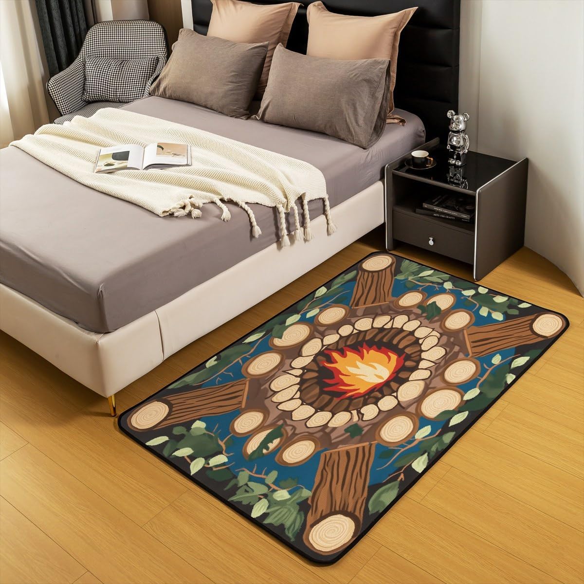 Erosebridal Happy Camping Area Rug 4'11" X 3'3" Campfire Living Room Rugs Cartoon Funny Tree Stump Decorative Carpet for Kids Woodland Botanical Leaves Washable Indoor Floor Mat