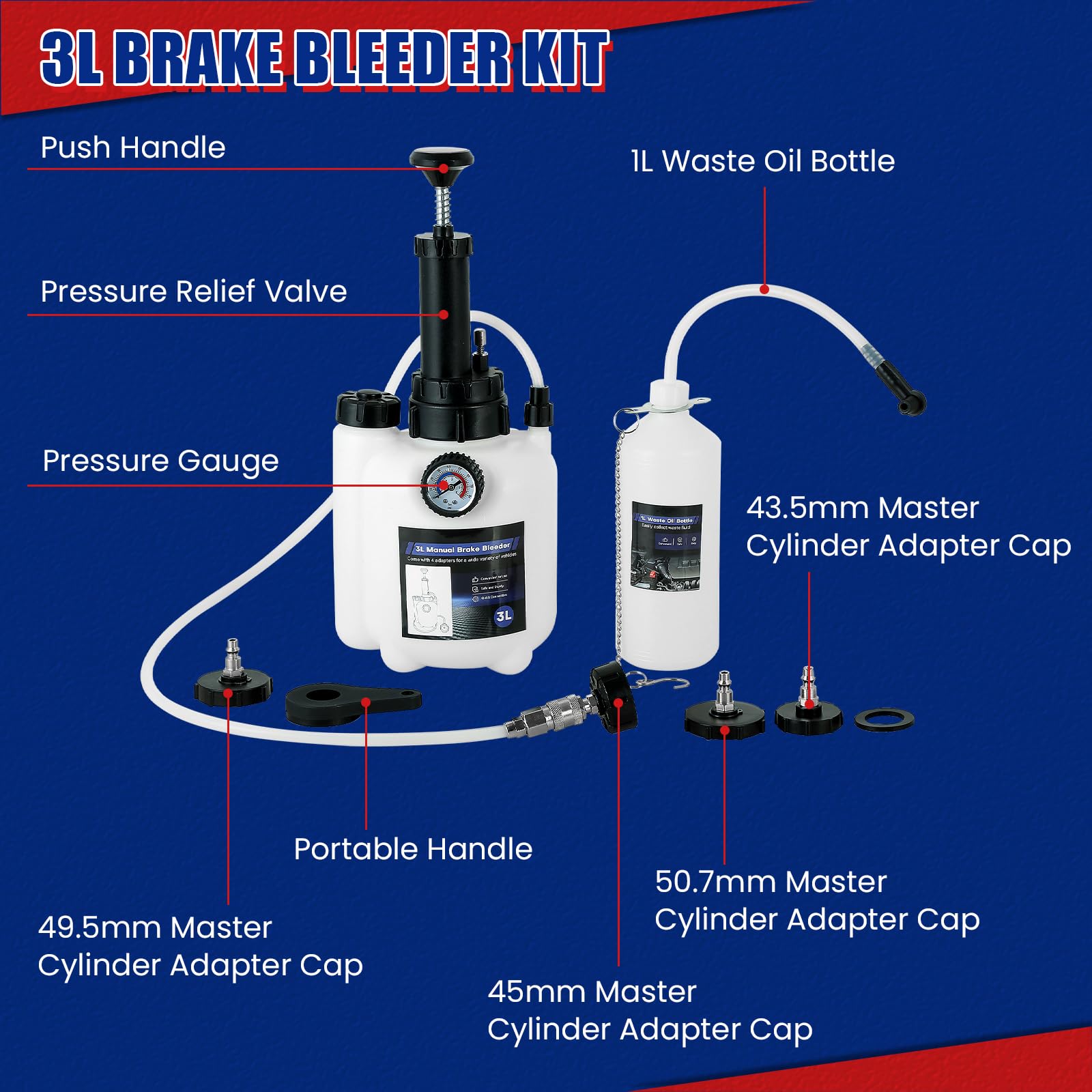 NYXOVA 3L Bremsenentlüfter Kit, Manueller Bremsenentlüfter Vakuumpumpe Kit mit 1L Bremsenentlüftungsflasche und 4 Hauptzylinderadaptern, Bremsflüssigkeitsentlüftungs-Kit