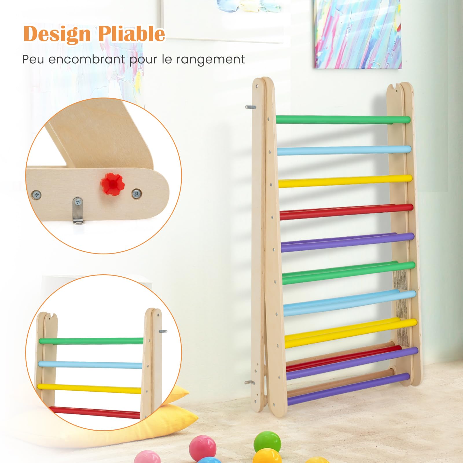 DREAMADE Echelle d’Escalade Triangle Pliable pour Enfants 3+ Ans, Mur d'escalade Pliant en Bois pour s'entraîner à Grimper et à saisir, 122x71x110 CM (Coloré)