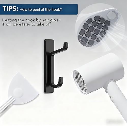 Miniatura 6 de Paquete de 2 ganchos adhesivos de pared, color negro, 13 libras, gancho doble resistente para abrigo, toalla, sombrero, colgador de puerta