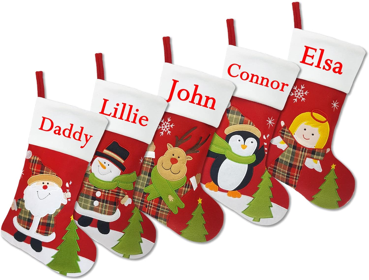 Set of 5, 18" Dia Lovely Personalized Christmas Stockings with Embroidery Names, Quality Fleece Material Stockings for Family Decor(Santa Snowman Deer Penguin Angel)