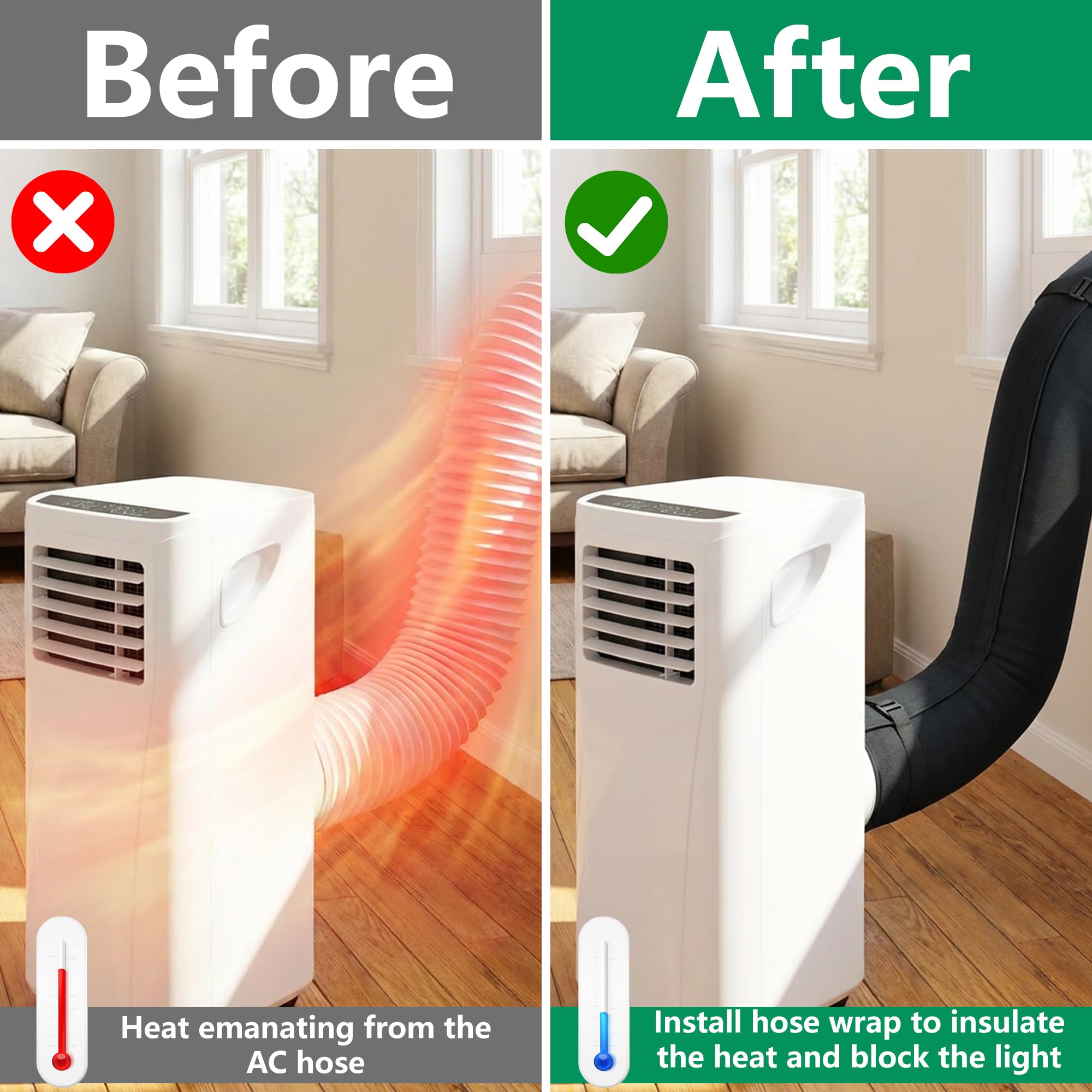 Couvre-tuyau de 150X50CM pour climatiseurs portables - Protection de tuyau AC - Protection de tuyau de climatisation lavable - Housse de protection isolée pour canal de 5 et 5,9 pouces de diamètre