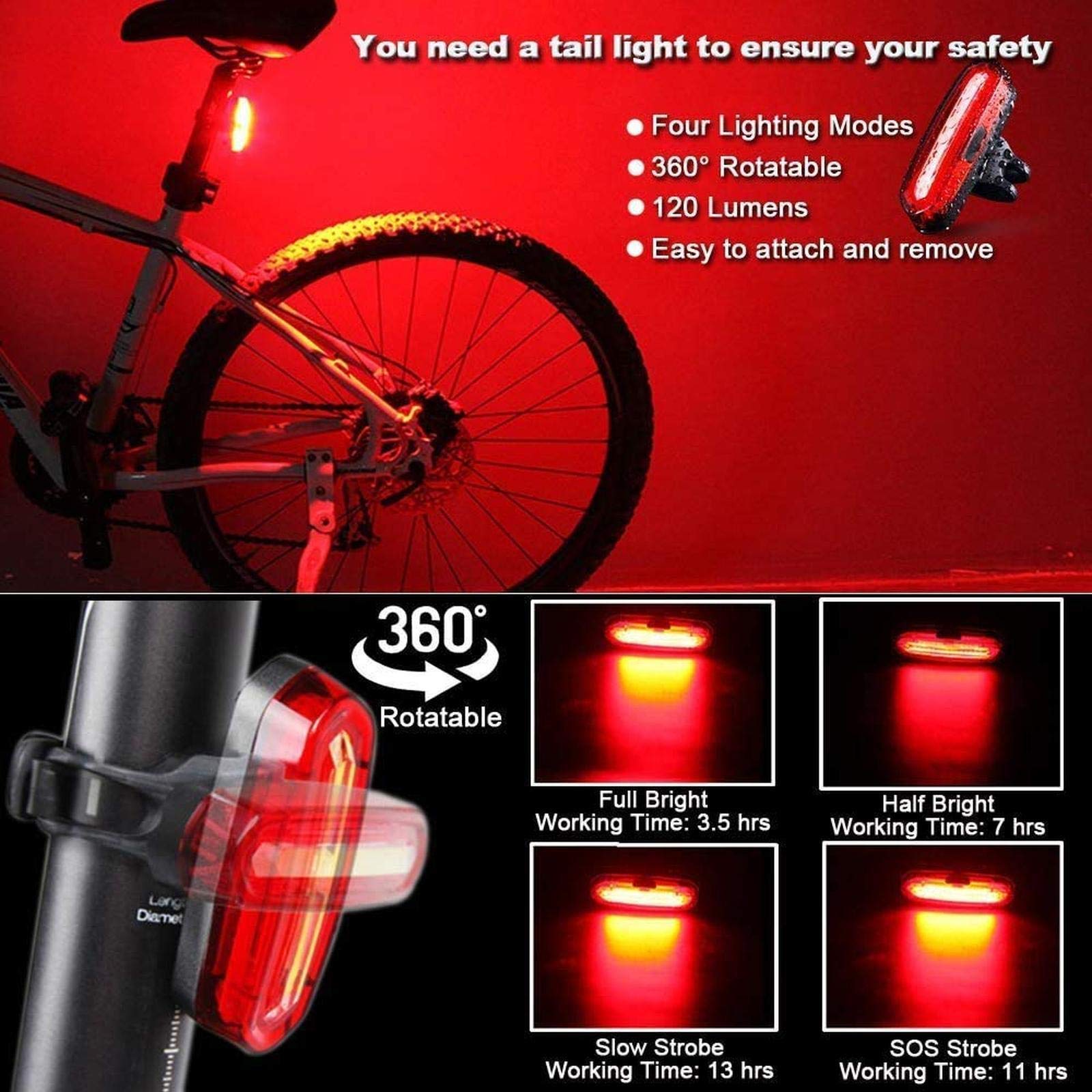 EISTEE Luces de Bicicleta, Luces de Bicicleta, Luces de Bicicleta, Juego de Luces de Bicicleta Recargables por USB, Faro y Cola de Bicicleta superbrillantes