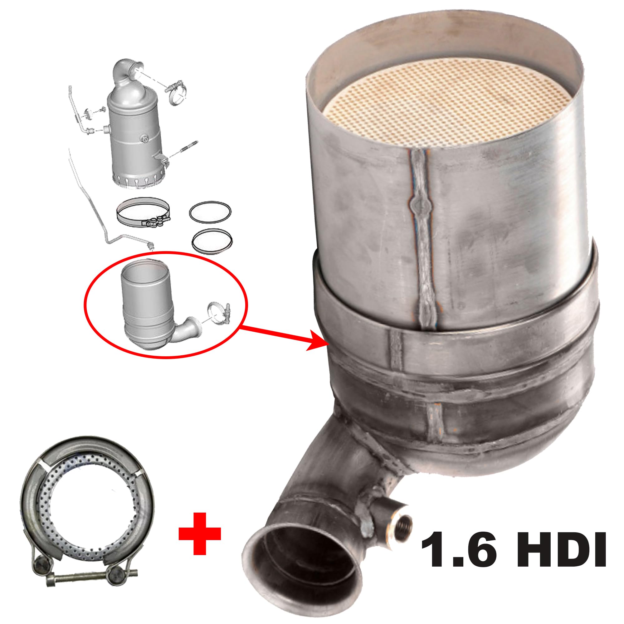 Partsline Filtre à Particules (FAP) avec Joint et Collier compatible avec Berlingo, C2, C3, C4, C5, Xsara Picasso, 1007, 206, 207, 3008, 307, 308, 407, 5008, Partner 1.6 HDi - 1731EP 1611322180