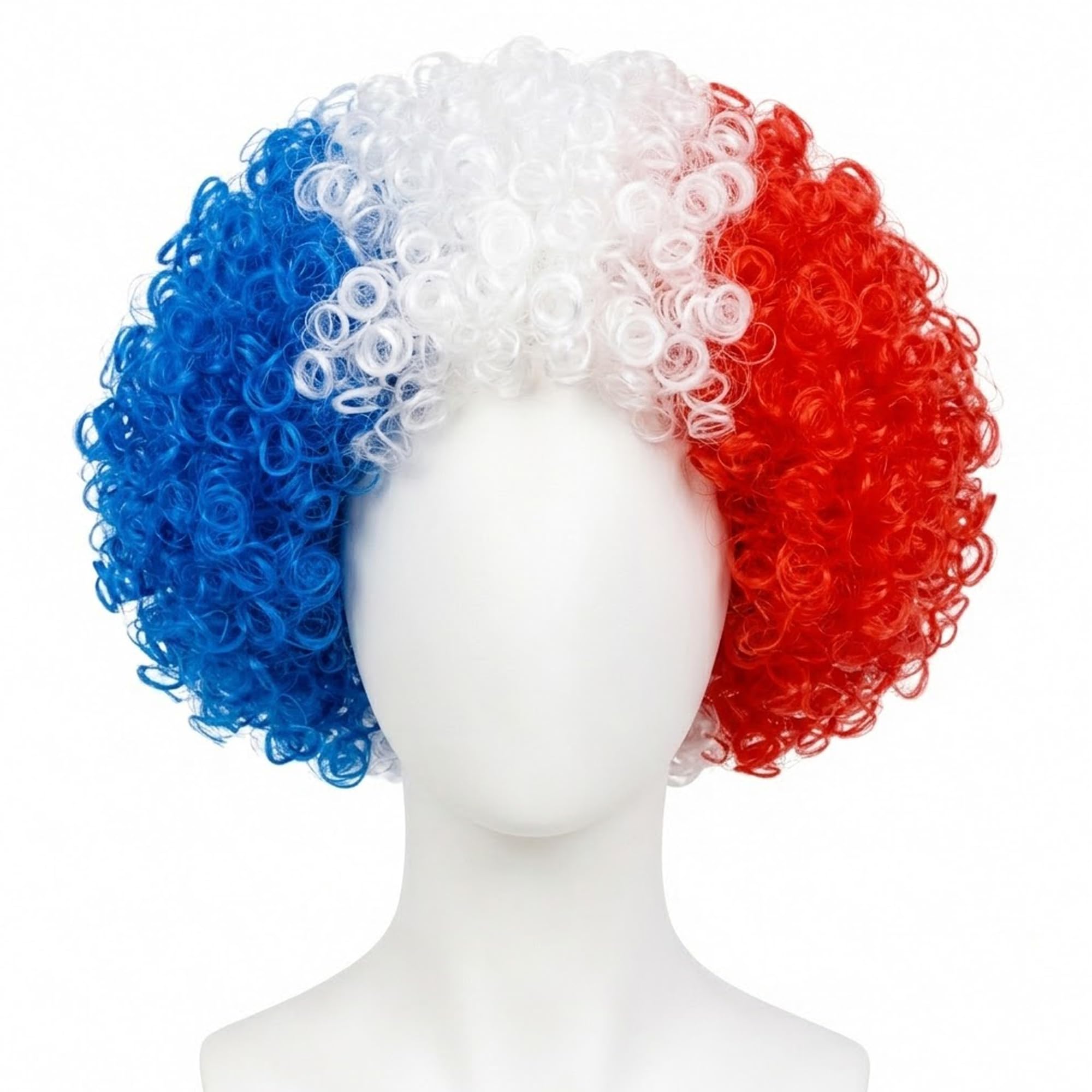 Photo 1 of builson France Flag Costume Wigs – French Party Funny Curly Wig, Short Cosplay Clown Wig for Sports Fans, 2026 Soccer Fan Gear (France Blue White Red)