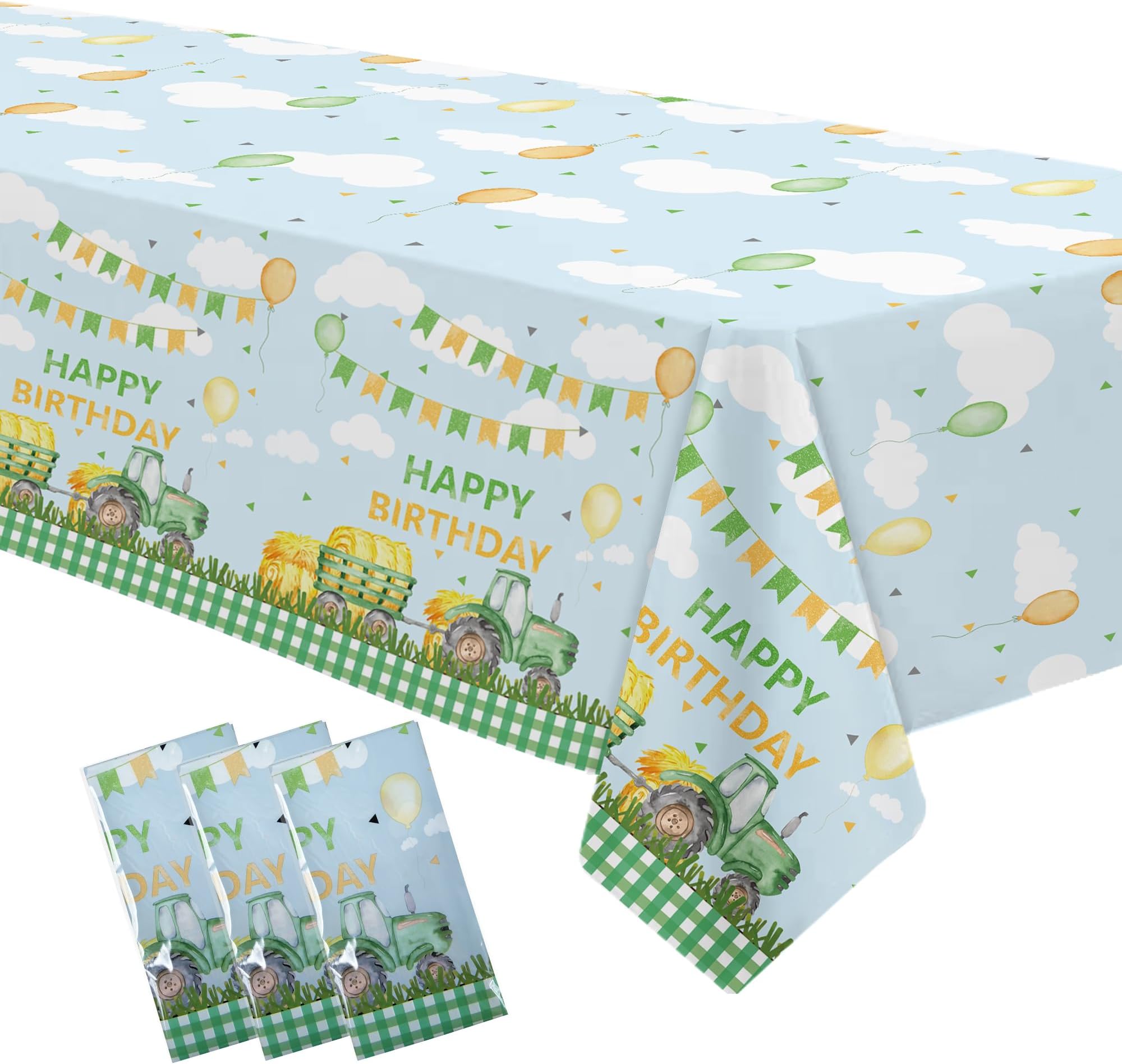 Xenorik Tractor Birthday Tablecloth Decorations, Disposable Green Farm Tractor Birthday Party Supplies Table Cover, 3 Pack (54in x 108in)