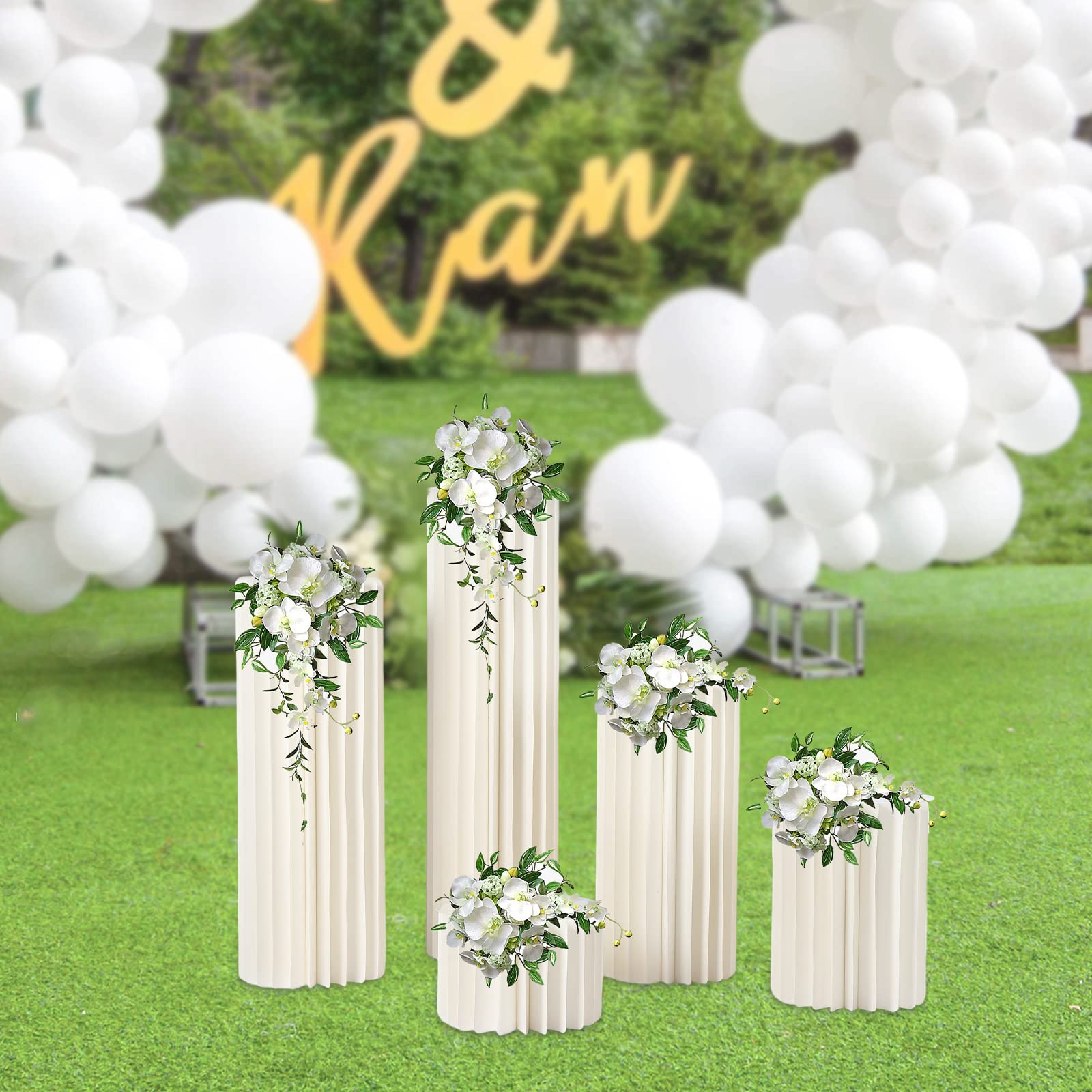 5 vasi a colonna per fiori per matrimonio, in cartone, pieghevoli, bianchi, con una piastra in PVC, per fidanzamento, compleanno, decorazione da tavolo per matrimoni