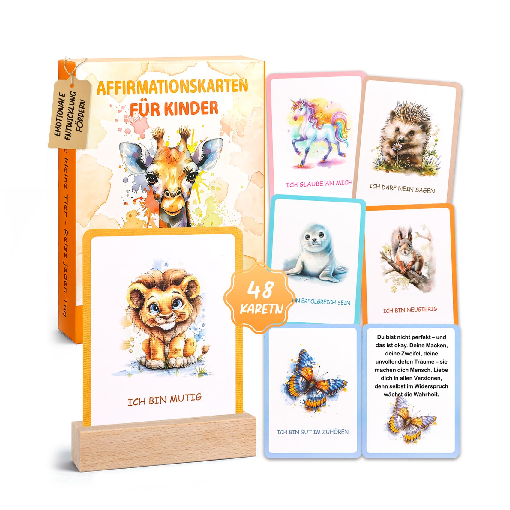 Giftota Affirmationskarten für Kinder - 48 Affirmationskarten inkl. Kartenständer aus Holz - Positive Positive Affirmationen für für Selbstbewusstsein, Mut und Lebensfreude - Süße Tier Stil