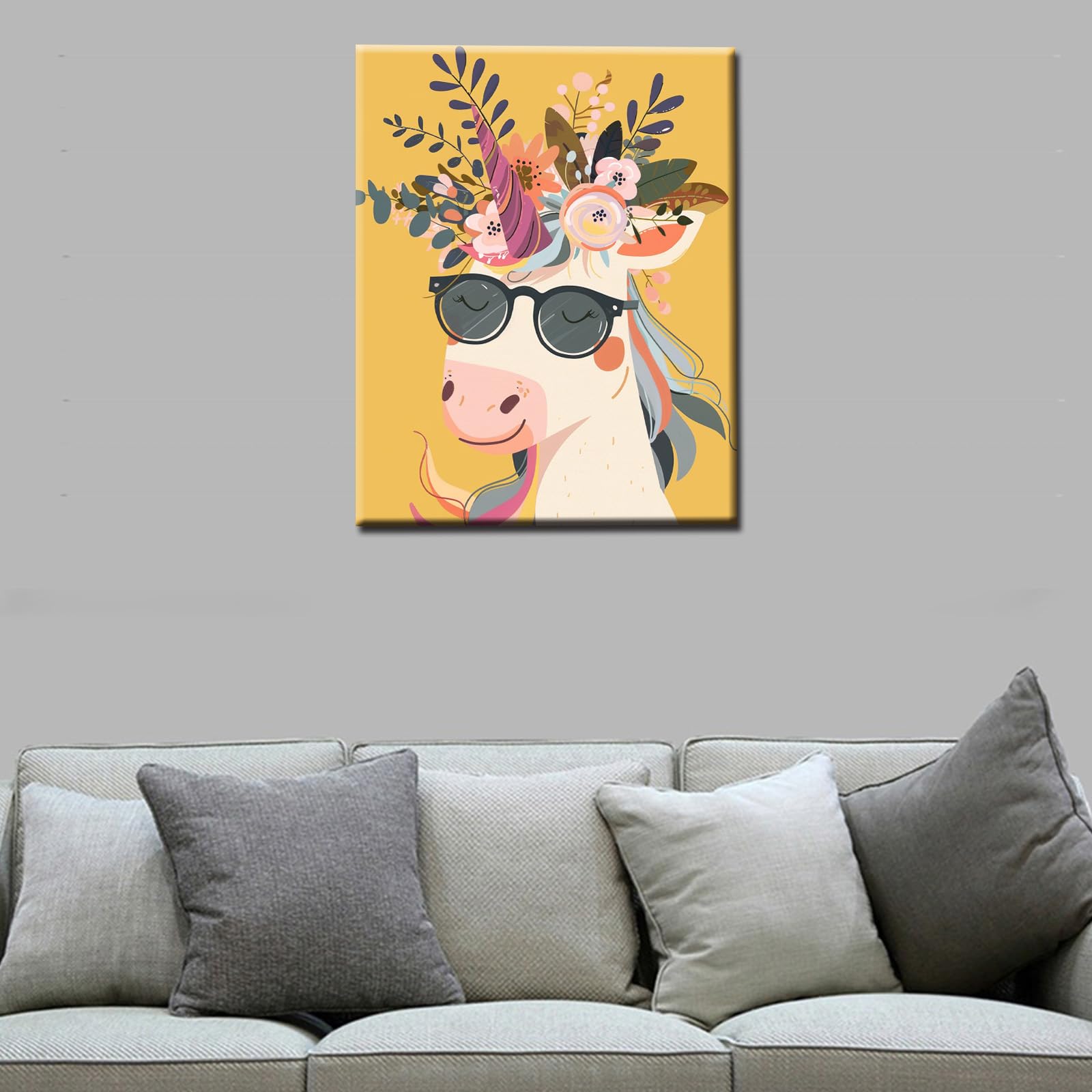 Dreamy Animal Flowers Poster Prints Artwork Smiling Unicorn Wearing Shades Straw Hat 1P Canvas Room Wall Creative Pictures Home Decor for Living Room Framed Gallery-Wrapped Ready to Hang 16x24inch - Image 4
