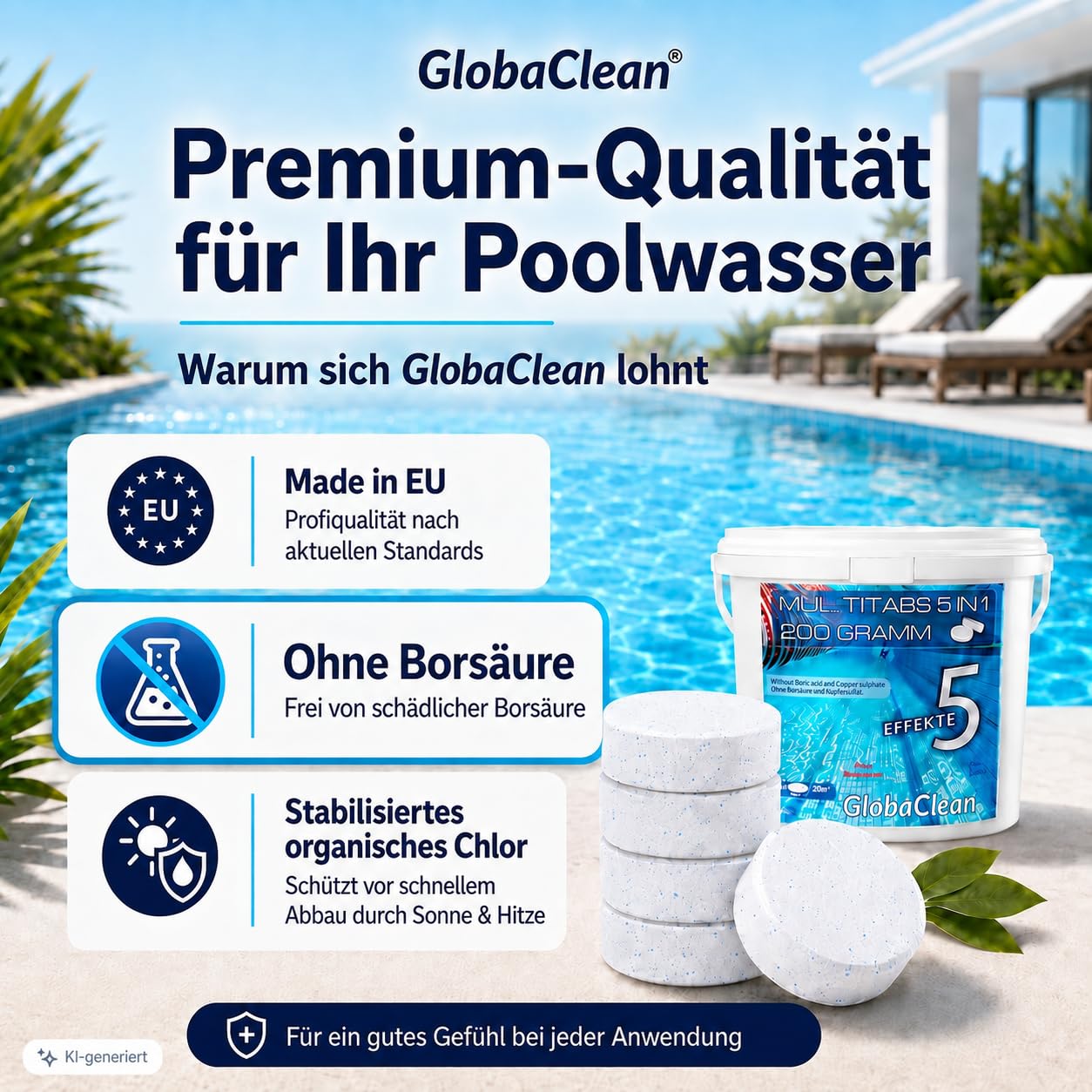 Multitabs für Pool 5 in 1 – 5kg (25 Tabs) – Chlortabletten für Pool 200g – Profi-Qualität Borsäurefrei – Made in Europe - Für kristallklares Poolwasser