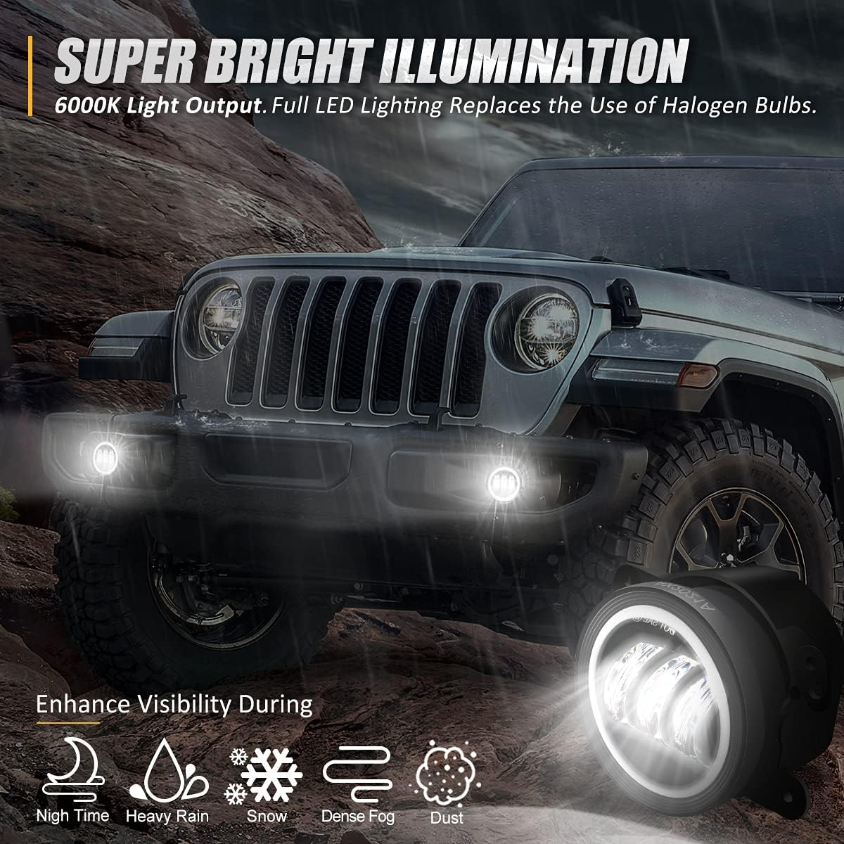 4 Inches LED Fog Lights Assembly w/Halo Ring DRL Turn Signal Compatible with 07-17 Wrangler / 14-18 Cherokee / 11-14 Charger /10-19 Journey (Left & Right) DOT Approved, NVL-FL-001H