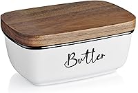 ALELION Ceramic Butter Dish with Acacia Wood Lid - Large Farmhouse Butter Keeper Holds 2 Sticks, Countertop Decor, White