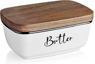 ALELION Ceramic Butter Dish with Acacia Wood Lid - Large Farmhouse Countertop Keeper Holds 2 Sticks, White Kitchen Decor