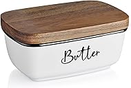 Butter Dish with Lid, ALELION Large Ceramic Butter Dish for Countertop, Butter Keeper with Thick Acacia Wood Lid, Kitchen Decor and Accessories for Kitchen Gifts, White