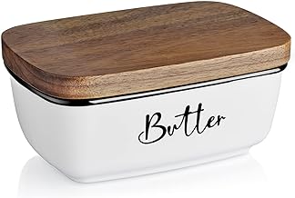 Butter Dish with Lid, ALELION Large Ceramic Butter Dish for Countertop, Butter Keeper with Thick Acacia Wood Lid, Kitchen Decor and Accessories for Kitchen Gifts, White