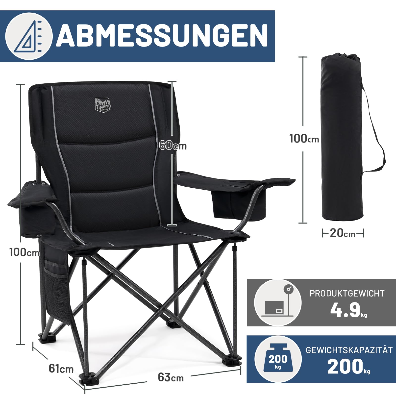 TIMBER RIDGE Campingstuhl Faltbar 200KG Übergroß 63cm Sitzbreit Klappstuhl Camping Bequem Gepolster mit Isolierte Kühltasche Camping Sessel Faltstuhl Gartenstuhl Anglerstuhl