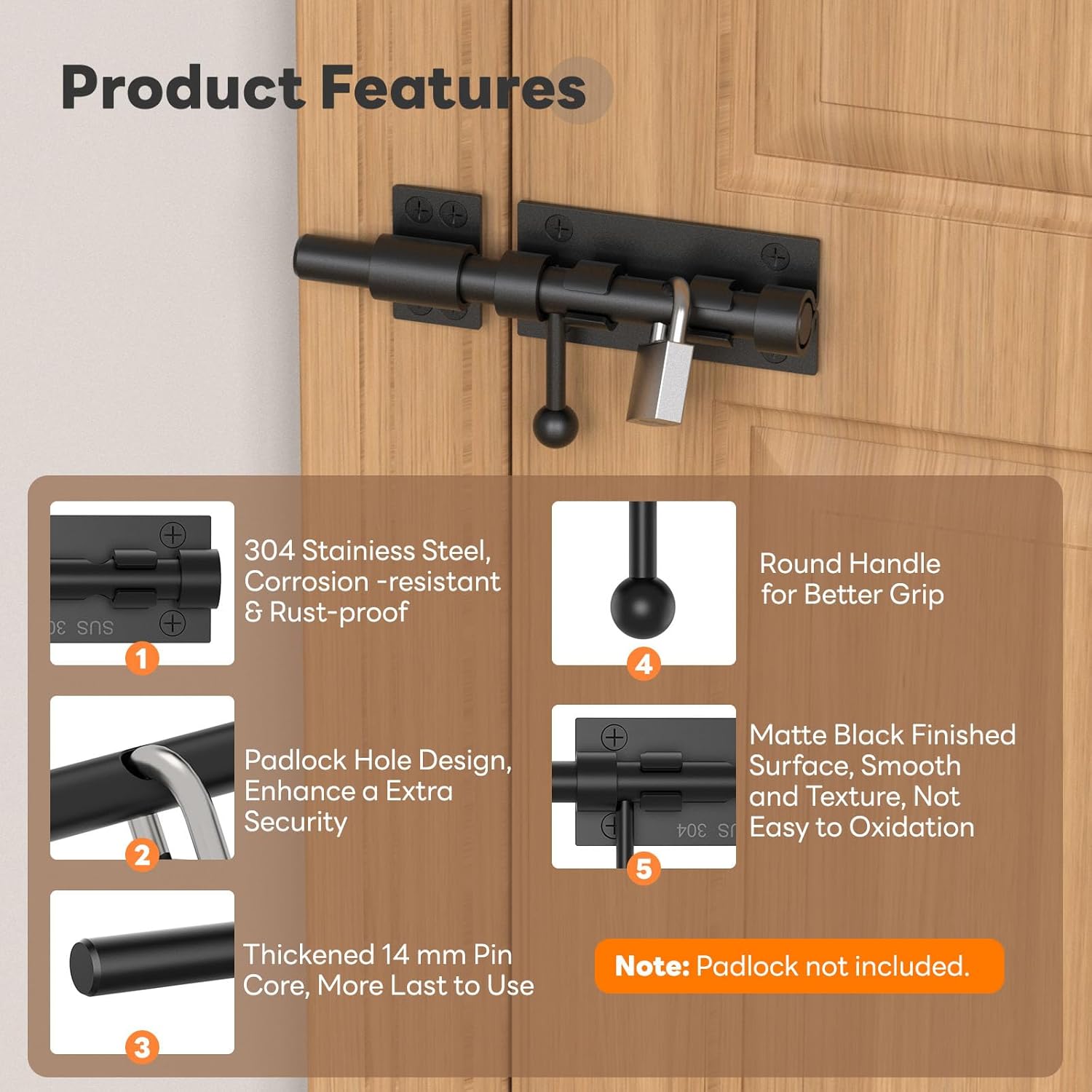 6.3 Inch Barrel Bolt Latch, Reinforced Slide Bolt Gate Latch, 304 Stainless Steel Door Latch Lock for Barn, Garden, Shed - 14 mm Bolt with Padlock Hole (Black-2pcs 6.3 Inch)