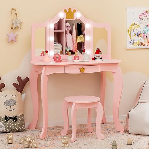 Miniatura 43 de Costzon Juego de mesa y silla para niños, tocador de maquillaje de princesa con cajón y espejo de tres pliegues, juego de tocador 2 en 1 con parte