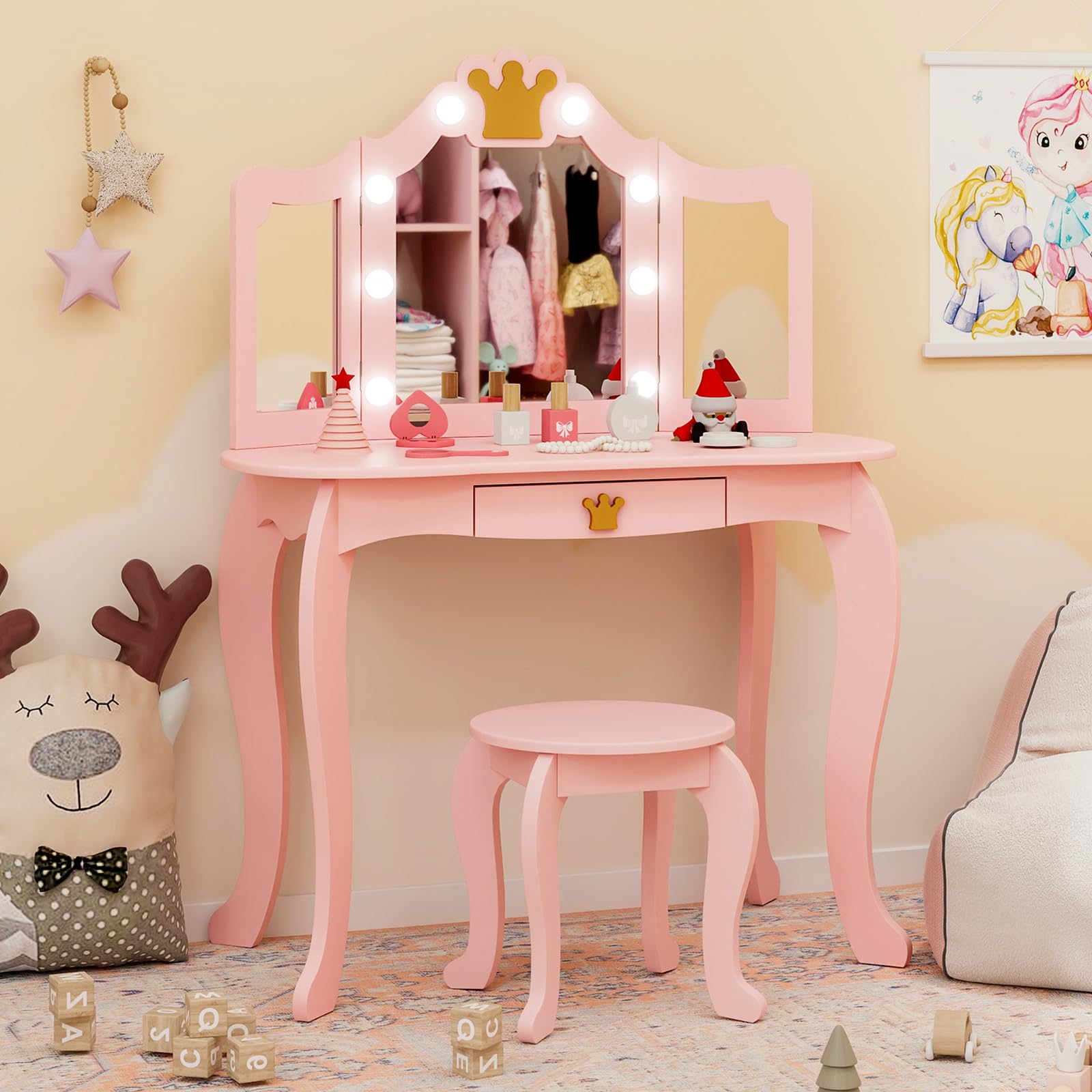 GYMAX Set Vanity Toeletta per Bambini, Tavolo da Trucco da Principessa con Specchio Triplo, Luci Dimmerabili a 3 Colori, Cassetto e Sgabello per Cameretta Bambina, 80 x 40 x 106 cm (Rosa)