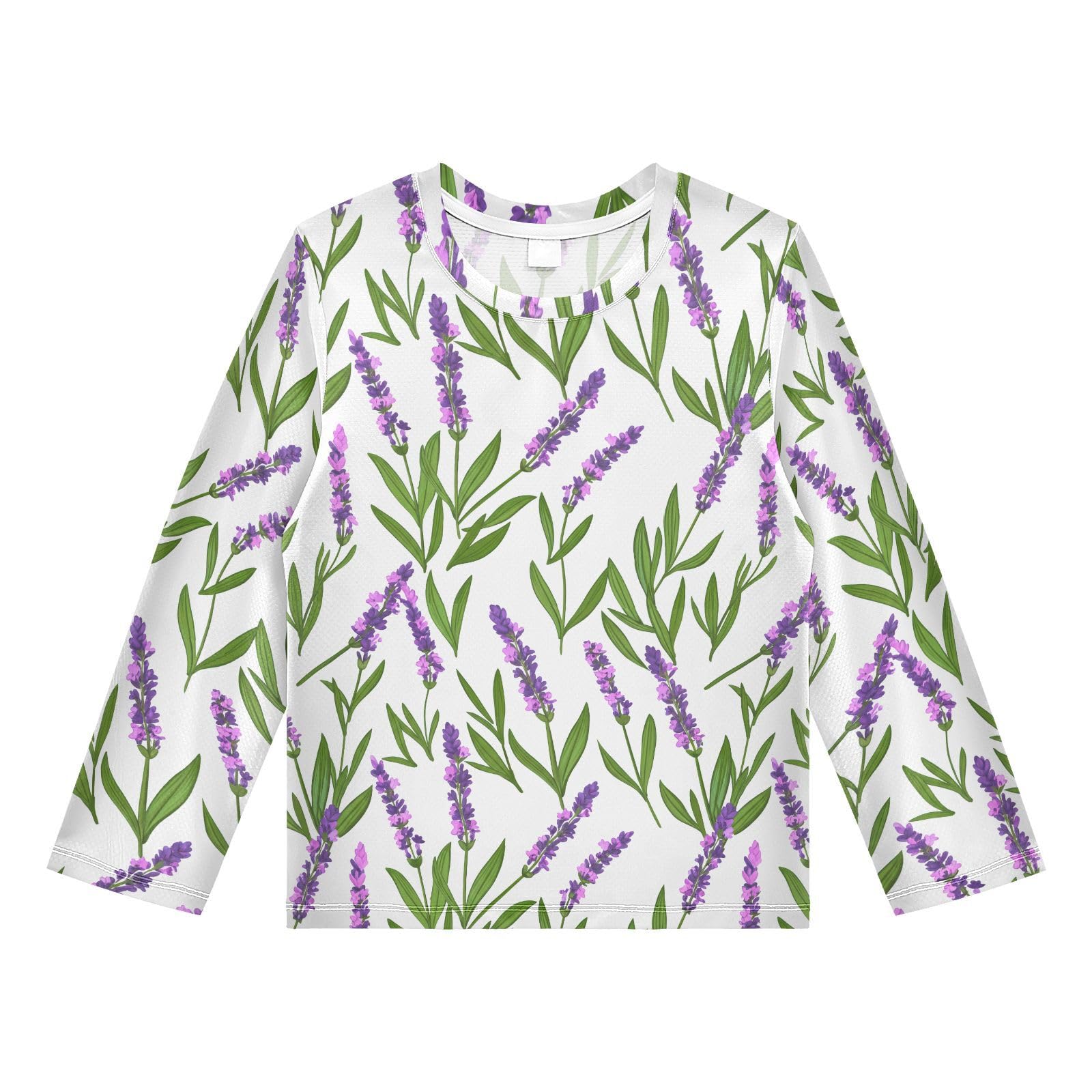 DOMIKING Lavender Flower Leaves White Boys Long Sleeve Rashguard Shirt Kids Quick Dry Swim Shirt for Kids Toddler 11-12T