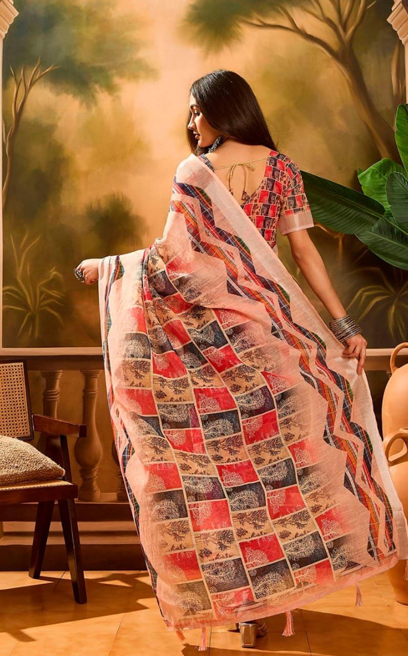Women's cotton pinted Linen Saree, Peach, Multicolor Block Print, Casual Ethnic Wear
