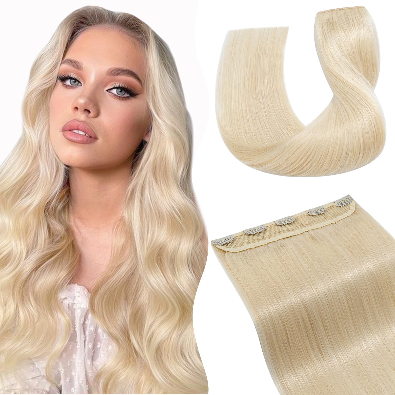 TESS Clip In Hair Extension,Hair Extensions Real Human Hair One Peice 5 Clips Straight Natural (#60 Platinum Blonde,16Inch)