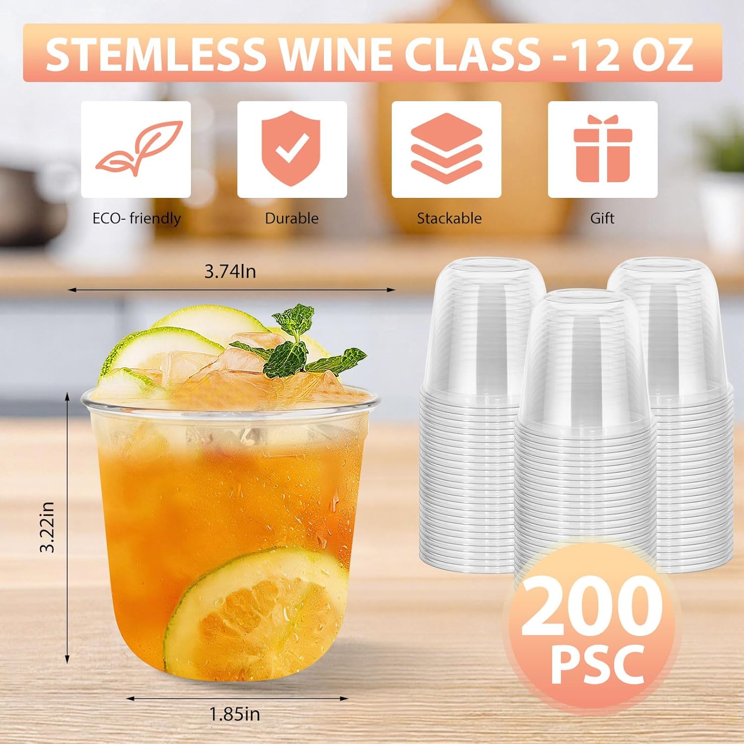 Disposable Stemless Clear Plastic Cups 12OZ NATURAL Arc Plant Based wine glasses For Parties Weddings Birthdays Cocktail BPA Free Recyclable Clear Cold Cups (Set of 200)