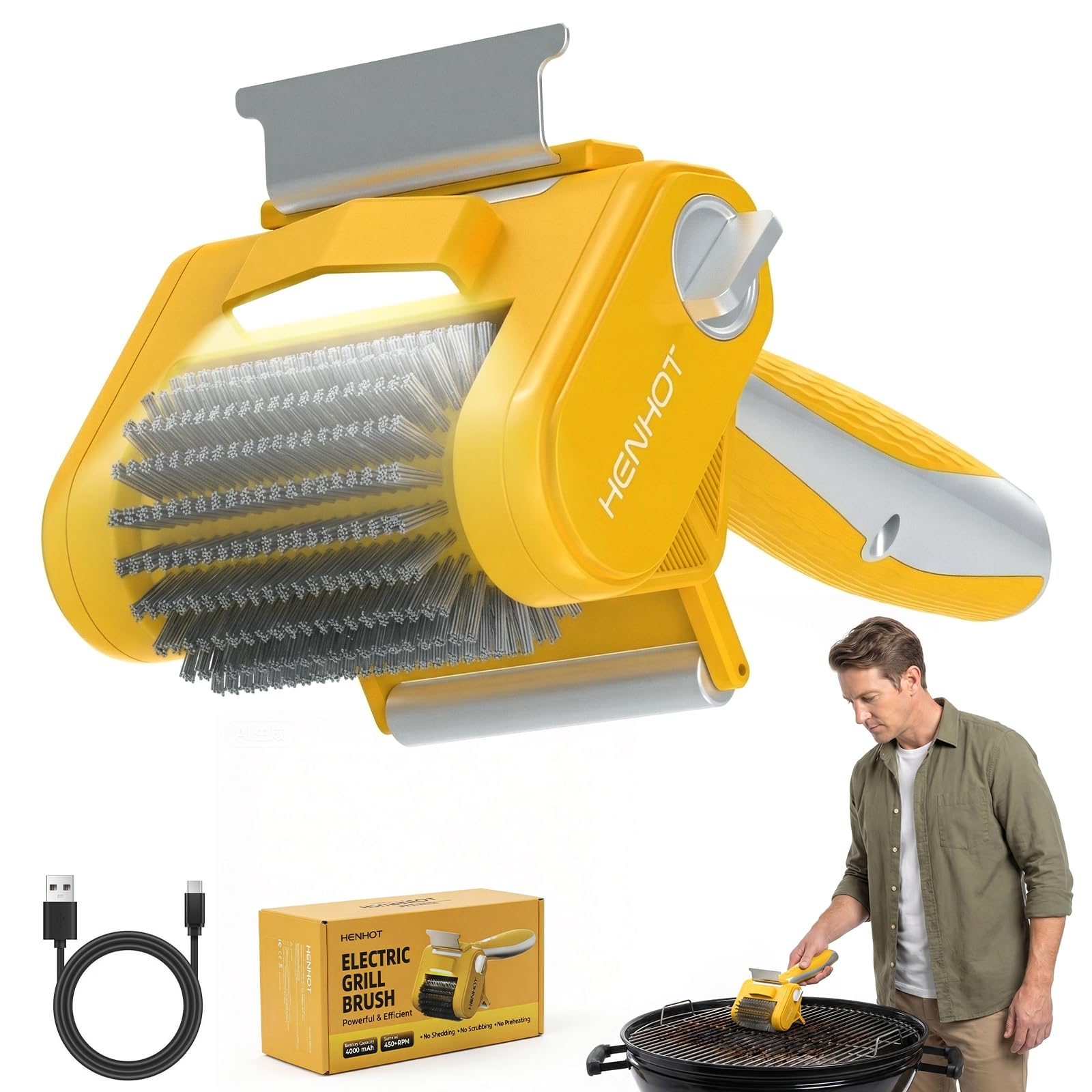 HenHot Electric Grill Brush, High-Torque BBQ Grill Cleaner for Deep Cleaning - Detachable Stainless Steel Head & Built-in Scraper, Cordless 4000mAh, 450RPM Motor, Effort-Saving Roller, LED Light