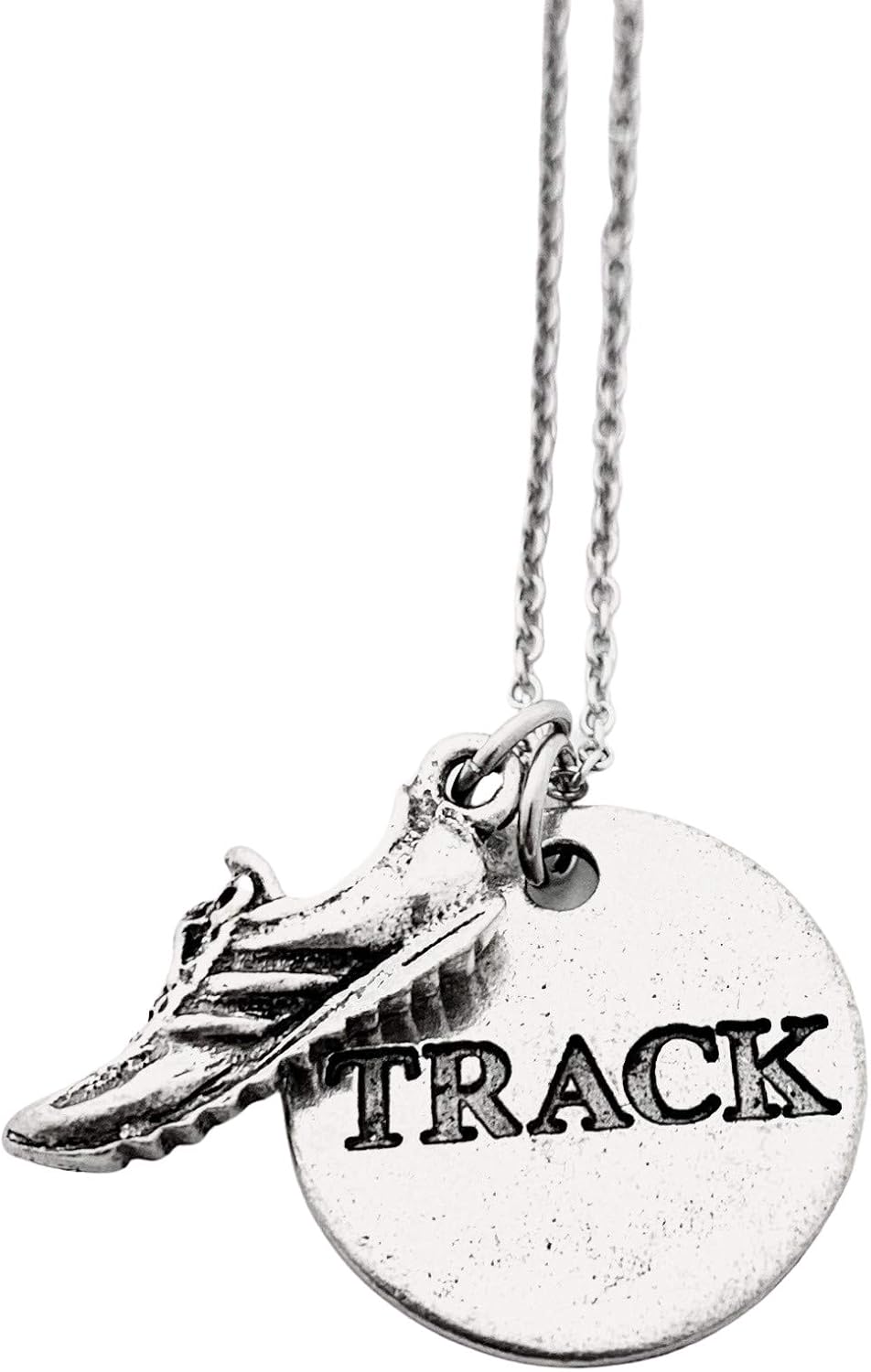 Pewter TRACK Round Pendant Necklace - Running Shoe Charm and Pewter Round TRACK Charm on 18 inch Stainless Steel Cable Chain