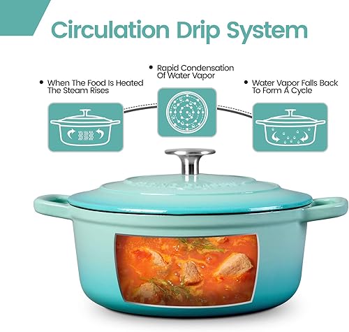Vista 86 de Olla de horno holandés de hierro fundido esmaltado con tapa para cocinar, hornear pan, horno de pan, 5.5 cuartos de galón, azul lago