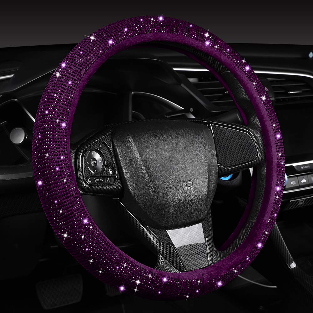 Women Fashion Purple Velvet Bling Steering Wheel Cover with Purple Diamonds, 15 inch Standard Glitter Rhinestone Car Wheel Cover Sparkling, Full Covered (Full Diamonds Purple)